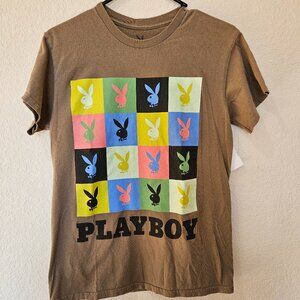 Playboy Bunny Multi Color Blocks Boxes Tan Cotton T-shirt Size S Unisex
